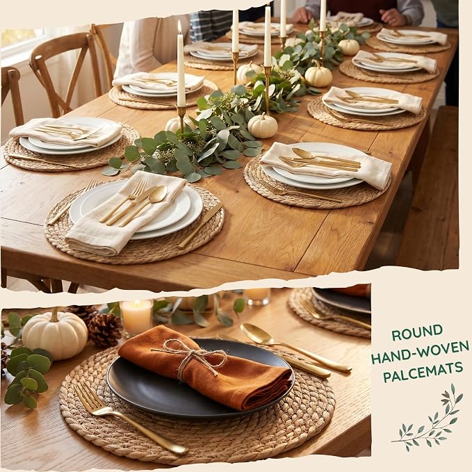 6 Pack 13.8IN Round Woven Placemats, Natural Bulrush Boho Farmhouse Mats | Heavy-duty hand-woven wicker mats for dining table, kitchen, patio BBQ, garden party. Flat-packed storage box. Rustic decor.