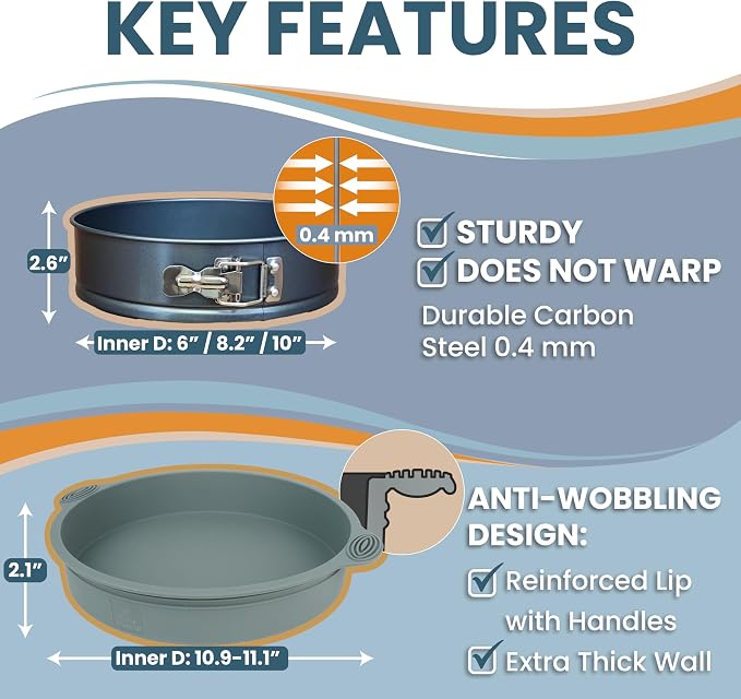 Cheese Cake Pans for Baking, NON-STICK Springform Pan Set & SILICONE SLEEVE | 6, 8, 10 in, NO LEAKS IN WATER BATH - Sturdy Silicon Protector for FOIL-FREE Cheesecake Baking, Durable Carbon Steel 0.4 mm