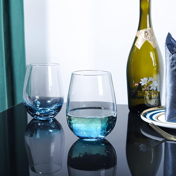 Joeyan Handmade Blue Stemless Crackle Wine Glasses Cups,Large Crystal Red Wine Tumblers,Aesthetics Glassware Collection, Home Gift,Set of 2,19 oz