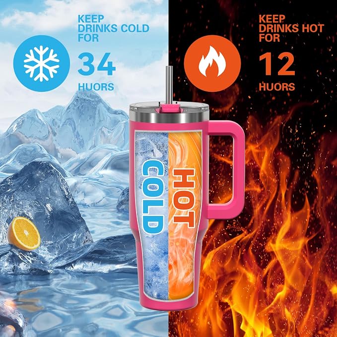 30 oz Tumbler with Handle,Tumbler with Lid and Straw,Double Wall Insulated Cup Stainless Steel Travel Mug(Cold for 34 Hours),Water Bottle for Iced Tea,Coffee,Cold Beverages(Gloss Pink)