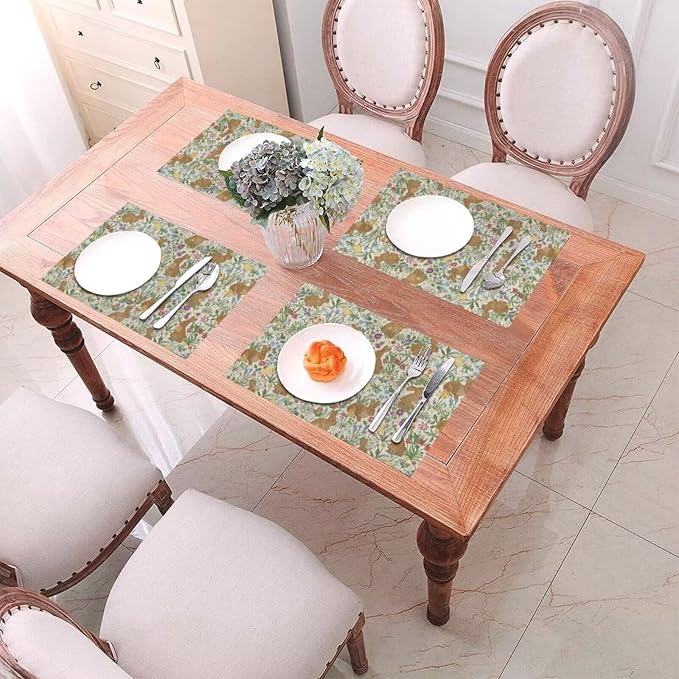 Easter Placemats Set of 4, Spring Rabbit Bunny Floral Flower Decorative Table Mat 12 x 18 Inch Heat Resistant Non Slip Line Fabric Place mat for Holiday Party Kitchen Dining Decor