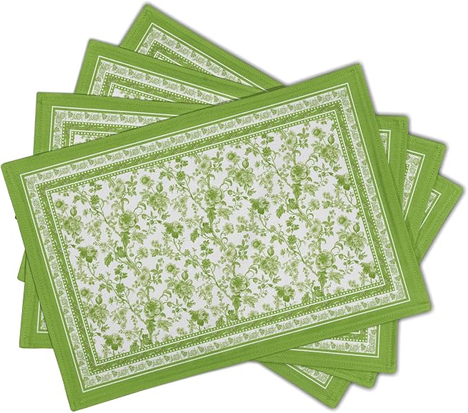Green Floral Placemats Set of 4 Chinoiserie Boho Flowers Linen Fabric Rectangle Table Mat 12x18 Inch Washable Heat Resistant Outdoor Seasonal for Kitchen and Dining Table Decor