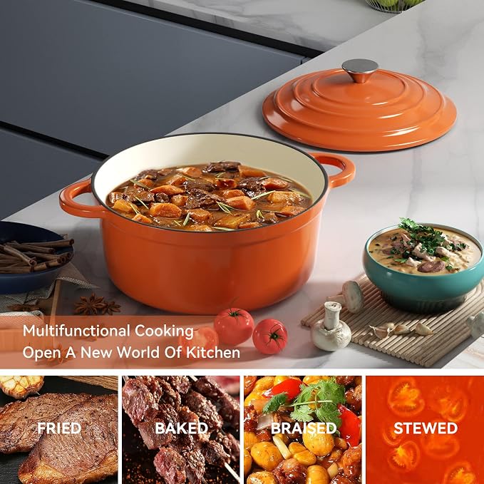 Miereirl 4.5 Quart Enameled Dutch Oven Pot with Lid, Cast Iron Dutch Oven with Dual Handles for Bread Baking, Cooking, Non-stick Enamel Coated Cookware (Orange)