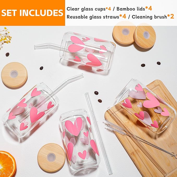 DWTS DANWEITESI Glass Cups with Lids and Straws with Design Pink Hearts 4 pcs,Clear Glass Cups 16 oz-Glass Tumbler,Cute Glass Iced Coffee Cups with Lids and Straws 480ml