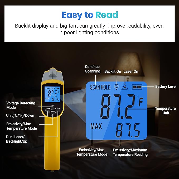 Etekcity Infrared Thermometer 1025D (Not for Human) Dual Laser Temperature Gun-58℉~1022℉ (-50℃~550℃) with Adjustable Emissivity, Non-Contact Voltage Tester (NCV), Standard Size, Yellow & Gray | Pizza Oven, Griddle, BBQ, Meat, HVAC, Engine, Electricians...