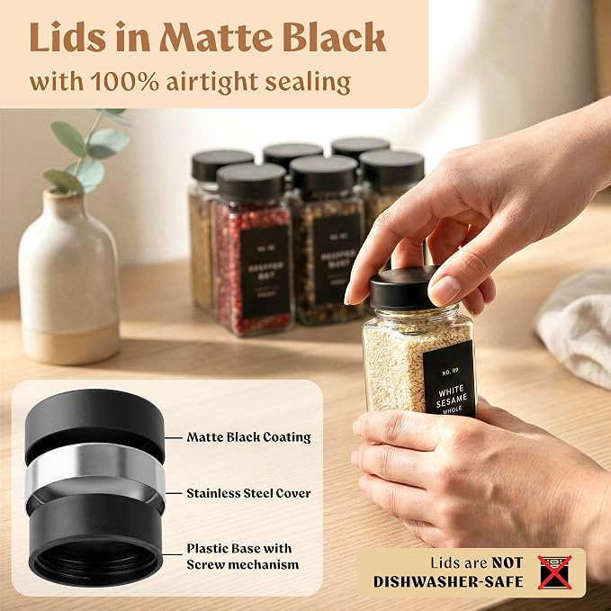 Square Glass Spice Jars (24 x 4oz) with Black Lids + Magnetic Spice Rack for Refrigerator (Fits 12 Jars) + Bonus Slim Auxiliary Rack, 240 Labels, Shaker Inserts, Funnel