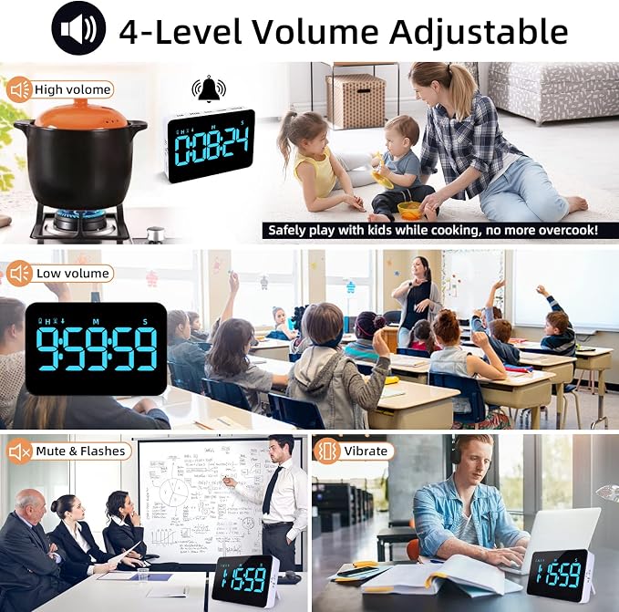 Samshow Rechargeable Digital Kitchen Timer, Ice Blue, 5 Inch | Countdown/Up, 3 Adjustable Brightness, 4 Adjustable Volume , 5" LED Display, Magnetic, For Classroom/Office/Home/Work/Game