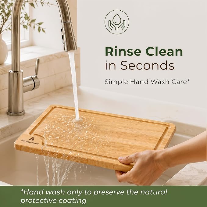 Bamboo Cutting Boards for Kitchen, Set of 3 with Holder & Juice Grooves | Thick & Durable with Built-in Handles, Large Surface – Easy to Clean for Meat, Veggies & Fruit