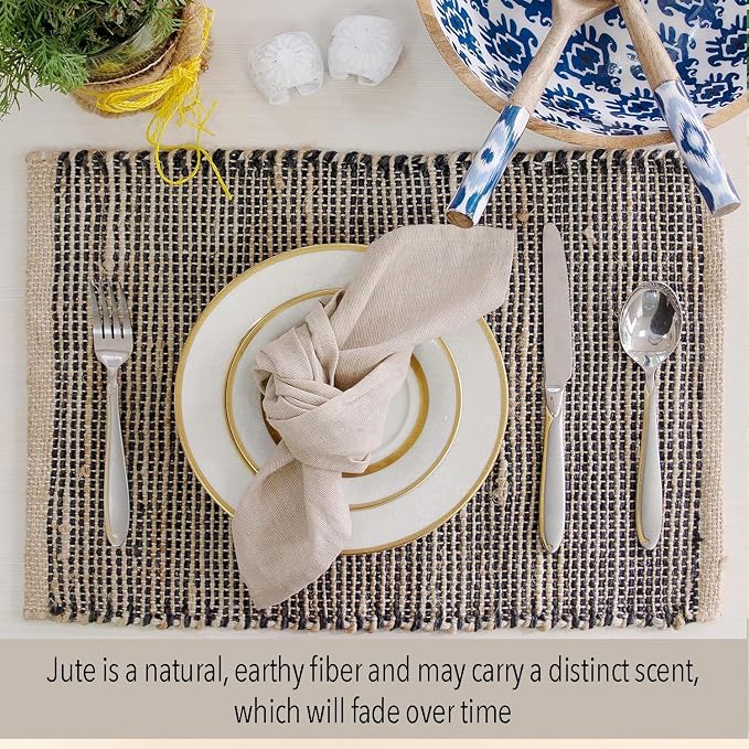 Natural Jute & Black Placemats, Set of 4 – Rustic Handmade Boho Table Mats, 13x19 Inch Dining Table Placemats for Kitchen, Everyday Meals, Holidays, Farmhouse or Modern Table Décor