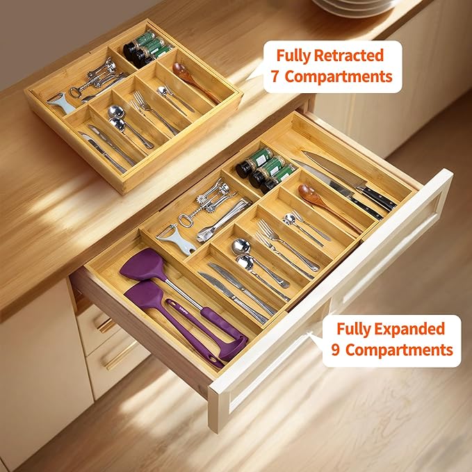 Utoplike Extra Large Kitchen Drawer Organizer, Solid Bamboo Silverware Tray | Expandable Drawers Organizer Holder for Utensils, Cutlery, Silverware, Flatware and Spatulas, Adjustable 7-9 Slots