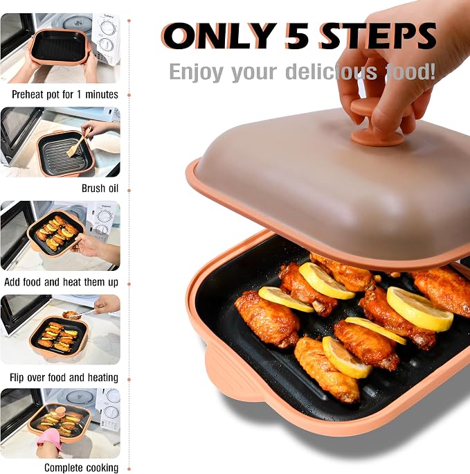 Microwave Grill Pan with Cover | Microwave Bacon Cooker | Griller & Crisper Pan for Grilling, Frying, Browning and Crisping | Microwave Cookware for Grill Meat | Dishwasher Safe for Dorms,Office,RV