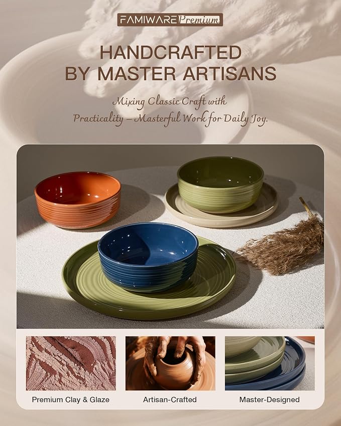 Dinnerware Set for 8, Ceramic Plates and Bowls, Multicolor | 24-Piece Ceramic Speckled Spiral Dishes, Chip & Scratch Resistant, Microwave & Dishwasher Safe, Everyday Use, Farmhouse Style