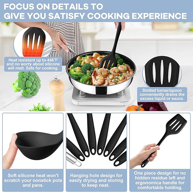TeamFar Silicone Cooking Utensils Set, 8 PCS Kitchen Utensils Set, Black | 446°F Heat Resistant Turner, Spatula, Spoon, Whisk, Kitchen Cooking Gadgets Tools, for Nonstick Cookware, Dishwasher Safe