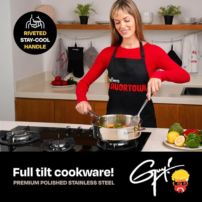Guy Fieri's Flavortown 5 Qt Stainless Steel Sautepan with Lid | Premium Three-Layer Base Cookware, Oven-Safe up to 500F