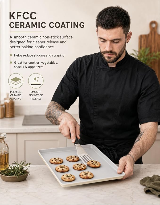 Ceramic Baking Sheet Half Size 17"x11" - Heavy Duty 0.6mm Aluminized Steel Pan, KFCC Ceramic Coating Nonstick Cookie Sheet, Oven Safe to 550°F, Rustproof & Warp Resistant Baking Tray