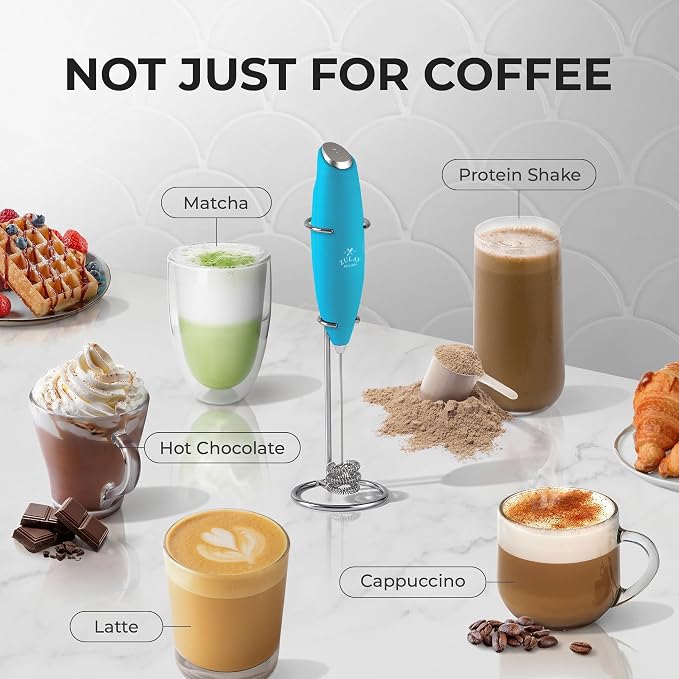 Zulay Kitchen Powerful Milk Frother Wand With Duracell Batteries - Ultra Fast Handheld Drink Mixer - Electric Whisk Foam Maker for Coffee, Lattes, Cappuccino & Matcha - Triple Whisk - Pacific Blue