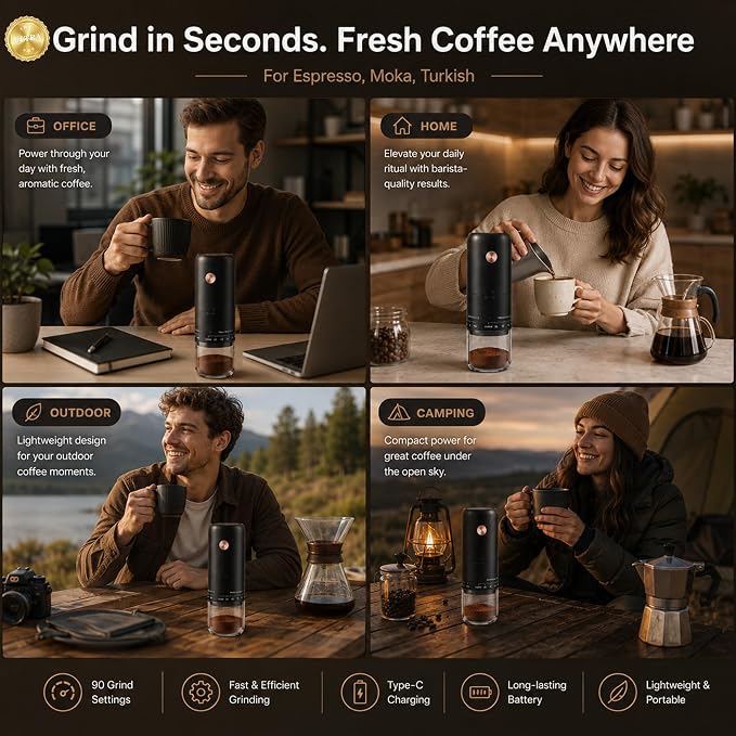 Portable Ultra High Speed Electric Burr Coffee Bean Grinder | SUS420 conical burr, 90 grind settings, 0.6mm precision, 50% faster grinding, Type-C fast charge, 1800mAh long battery life