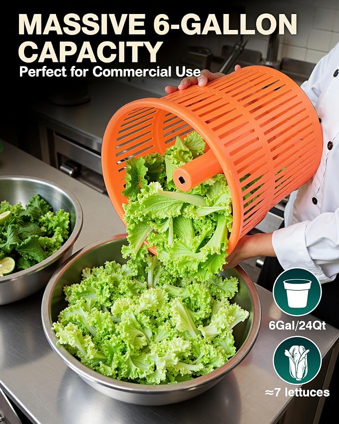 WantJoin Commercial Salad Spinner - [6 Gallon Salad Dryer] w/Silicone [Anti-slip Mat] & [Draining Hose], 24Qt Manual Salad Spinner for up to 7 Heads of Lettuce Spinner Large for Catering, Orange