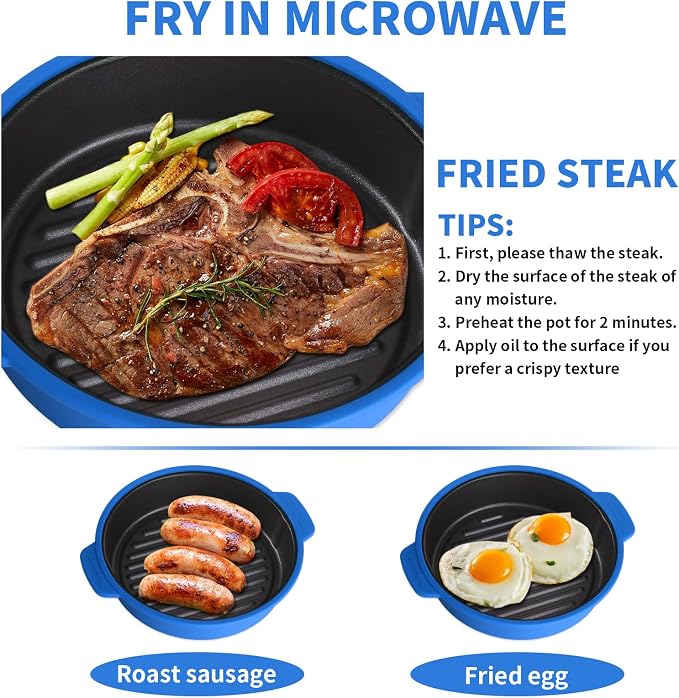 Microwave Grill Pan, Fry Griddle Crisper Pan with Lid for Grilling Browning and Crisping Foods Microwave Silicone Cookware for Baked Potato Meat Sandwich Vegetable Blue