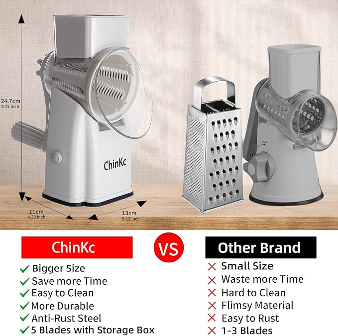 Upgrade Rotary Cheese Grater Shredder with Handle, Strong Suction Base, Multi-purpose Rotary Grater Slicer with 5 Interchangeable Blades for Ice, Vegetables, Fruit, Nuts with Blade Storage Box