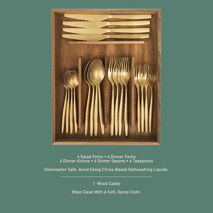 Two Time Oprah's Favorite Things Winner - 20 Piece Stone Washed Gold Flatware 18/10 Stainless Steel Silverware Cutlery Utensil Set With Acacia Wood Caddy - Service for 4