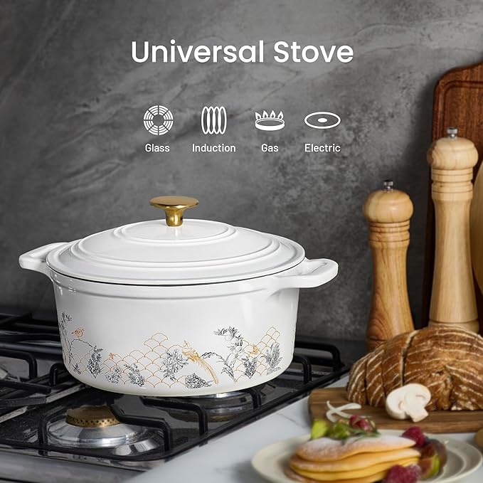 CAROTE Cast Iron Dutch Oven Pot with Lid, 5QT Enameled Floral Dutch Ovens with Gift Box, Cast Iron Pot for Sourdough Bread Baking, Braising, Stews, Roasting, All Stovetop Compatible, Oven Safe, White