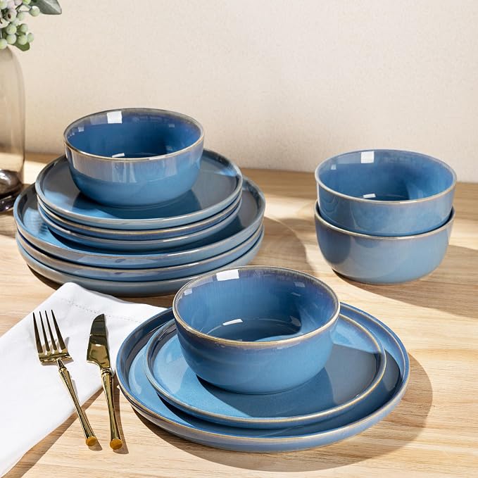 GBHOME Dinnerware Sets for 4, 12 Pieces Ceramic Plates and Bowls Set | Scratch Resistant Stoneware Dishes Set, Dishwasher & Microwave Safe, Reactive Glaze-Alaskan Blue