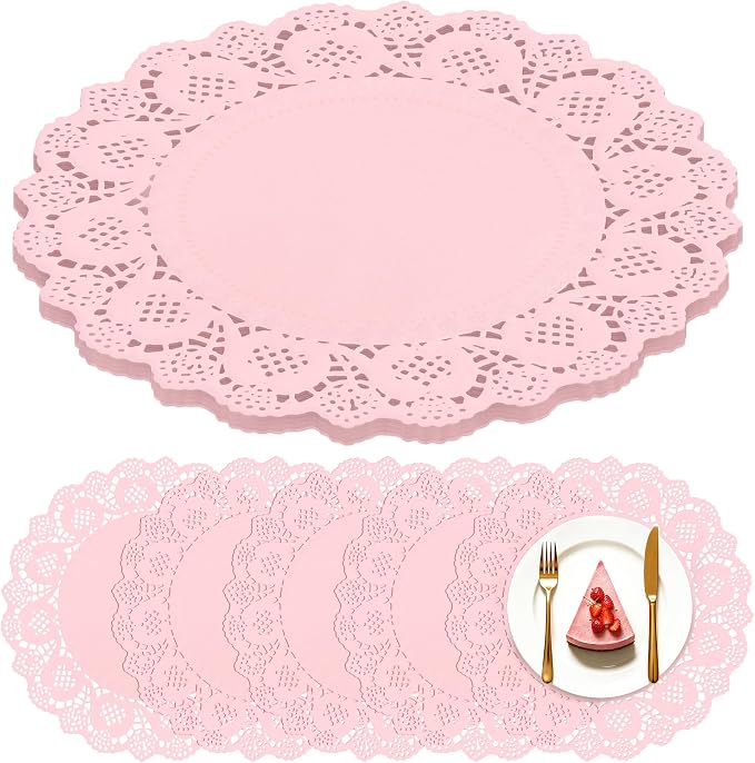 100 Pack 13.5 Inch Round Pink Paper Doilies, Disposable Lace Placemat | Rustic Scallop Doily Table Pads, Heavy-Duty Paper Place Mats for Cakes, Crafts, Parties, Weddings, Buffet, Home Decor