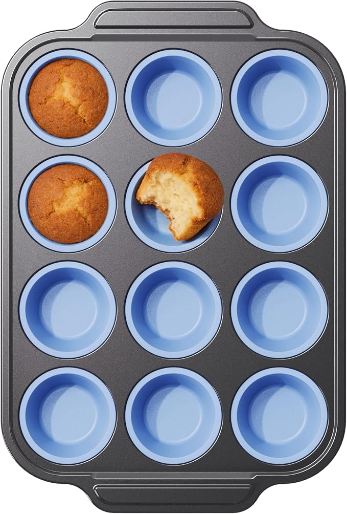 Silicone Muffin Pan for Baking with Metal Frame, 12 Cup Regular Size Cupcake Pan, Nonstick Food Grade Silicone Muffin Tin for Baking, Easy Release Egg Bite Molds, BPA Free