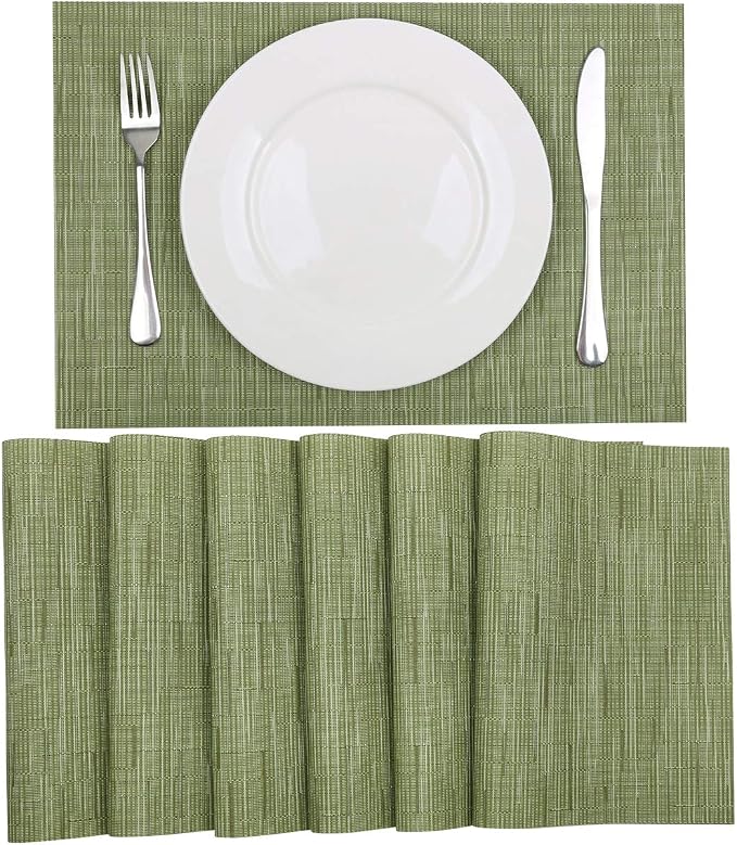 SHACOS Placemats Set of 6 Woven Vinyl Place Mats for Dining Table Wipe Clean Non Slip Christmas Table Mats (6, Olive Green)