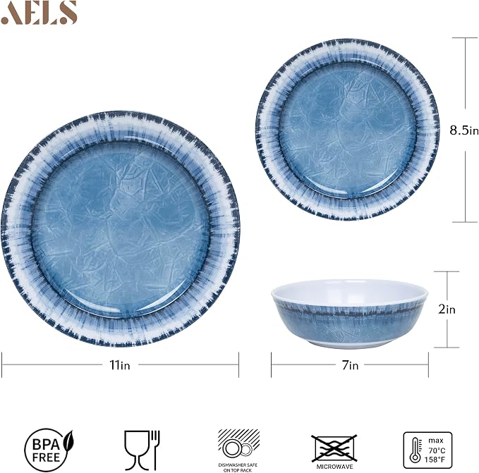 Melamine Dinnerware Set of 18 Pcs Dinner Dishes Set for Indoor and Outdoor Use, Dishwasher Safe, Lightweight Unbreakable, BPA Free (Navy, Service for 6 (18pcs))