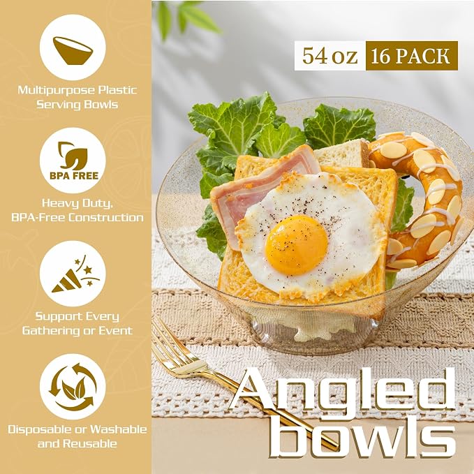 16PCS Gold Plastic Serving Bowls - 54 OZ Angled Table Salad and Fruit Bowls Disposable for Chip & Candy - Ideal for Party & New Year