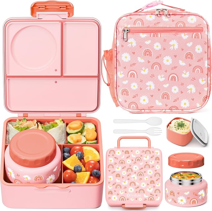 Fimibuke 60oz Kids Bento lunch Box with Insulated Lunch Bag & 8.5oz Thermo | Leakproof 3-4 Compartment Toddler Kids Lunch Box Food Container w/ Utensils, Sauce Cup for School Boys Girls, Dishwasher Safe