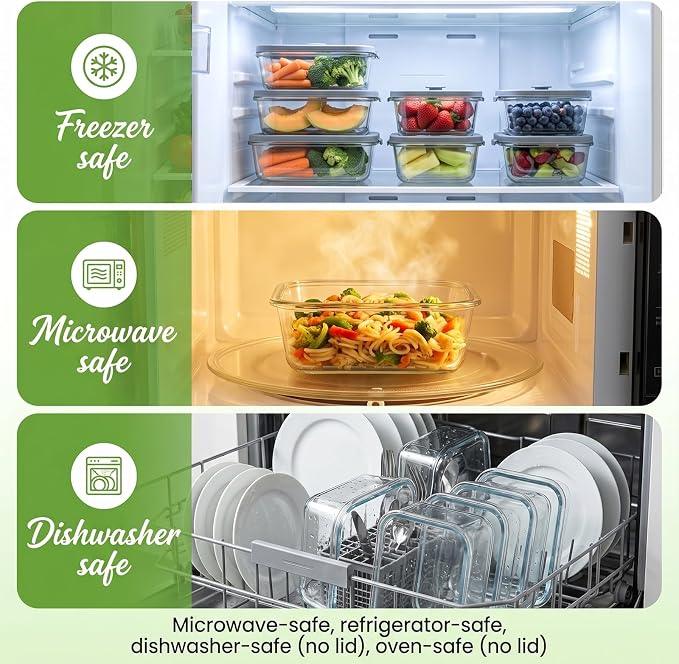 10Pack Glass Food Storage Containers with Glass Lids, 5 x 33oz & 5 x 21oz | Rectangular Meal Prep Containers , Leakproof, Microwave & Freezer Safe, BPA-Free Glass Meal Prep Bowls for lunches