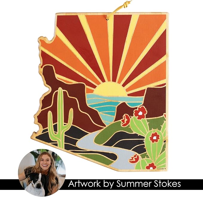 Totally Bamboo Arizona State Shaped Cutting Board, Summer Stokes Art | State charcuterie board with colorful hand-drawn landscape art. Smooth reverse side for food prep. Hang tie for wall display.