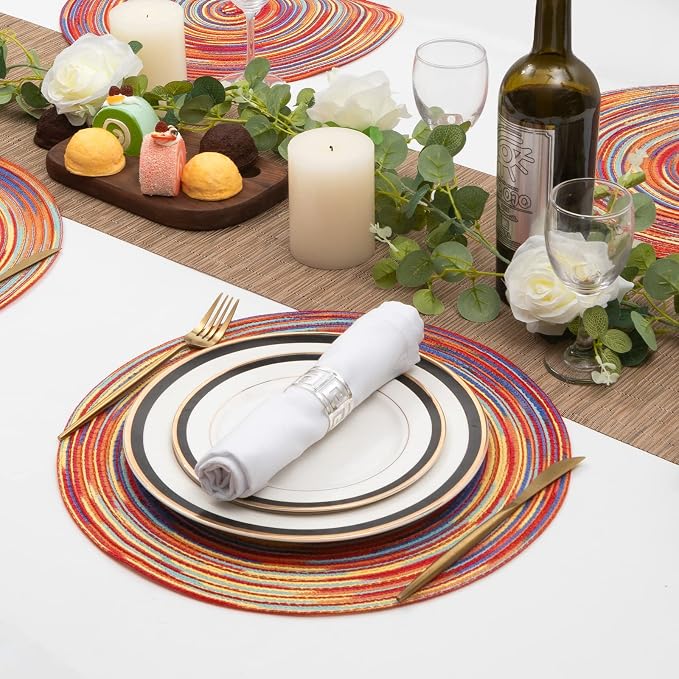 SHACOS Round Braided Placemats Set of 6 Table Mats Colorful Place Mats for Dining Tables Holiday Party Decor (Rainbow Red, 6)