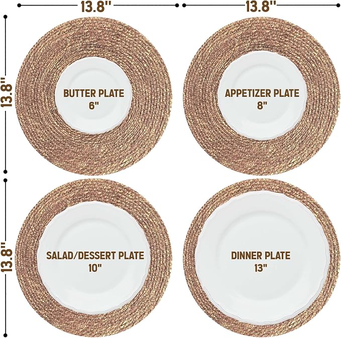 13.8" Set of 8 Brown Seagrass Woven Round Placemats - Wicker Boho Farmhouse Placemats - Rattan Table Mats Like Water Hyacinth for Dining Table, Wedding, Home (Brown Seagrass)