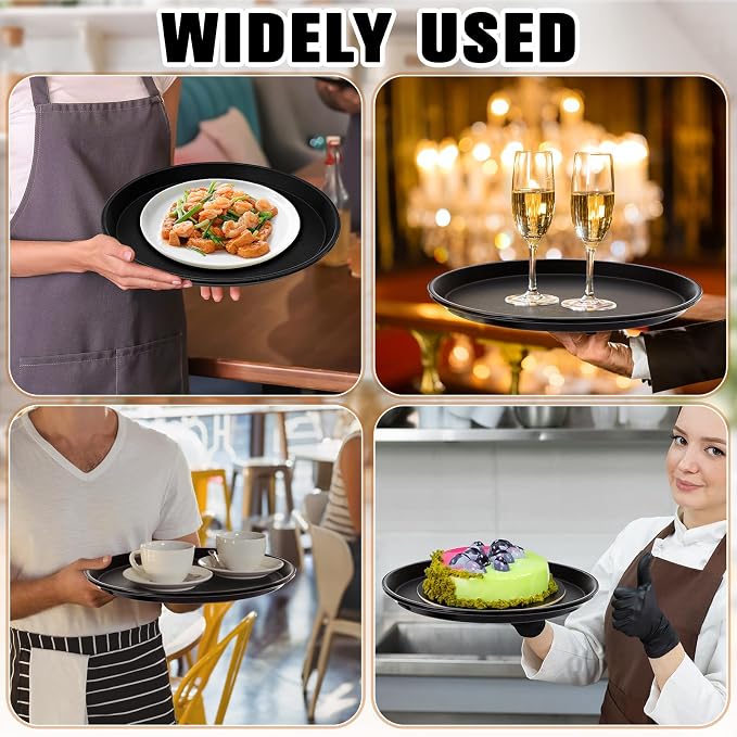 Zopeal 4 Pcs Bar Service Tray Round Plastic Non Slip,11" | For Waiter Server in Restaurant Cafeteria Bar, Raised Edges Prevent Spills, Cocktail Food Server, Textured Surface Grip
