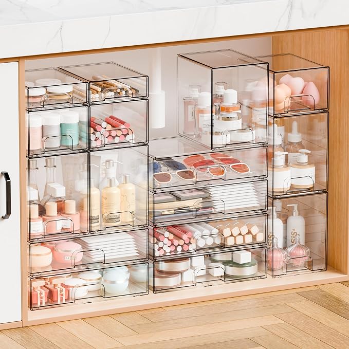 2 Pack Clear Stackable Storage Drawers,7.6" H Baby Bottle Organizer,Acrylic Drawer Containers for Cosmetics,Skincare,Beauty Products,Cabinet,Vanity,Kitchen,Under Sink and Bathroom Storage Bins