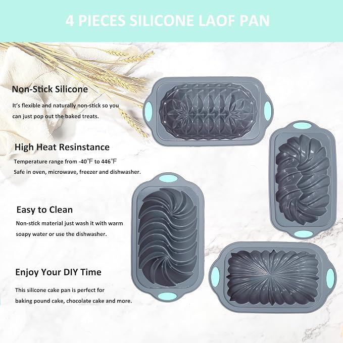 4 Piece Silicone Loaf Pan for Baking Bread, Non-Stick Kitchen Oven Bread Pan, Perfect for Banana Bread, Sandwich Bread, Pound Cake and Meatloaf, 4 Cups, Grey