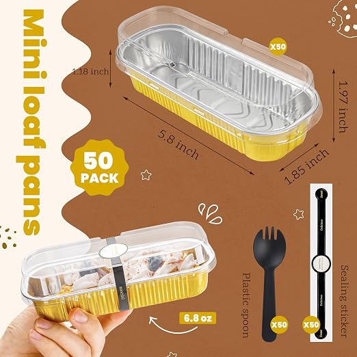 NPLUX Loaf Pans with Lids, 50 Pack Gold 6.8oz for Dessert Displays | Suitable for mini breads, tart portions, dips and sweets; cover-after-cooling setup helps cut repacking steps.