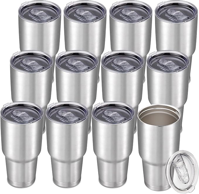 30 oz Tumbler with Lid Stainless Steel Tumblers Bulk, 12 Pack | Vacuum Insulated Cup, Leak Proof Lid, Powder Coated Travel Mug, Double Wall, Keep Cold Drinks for 12 Hours, Stainless