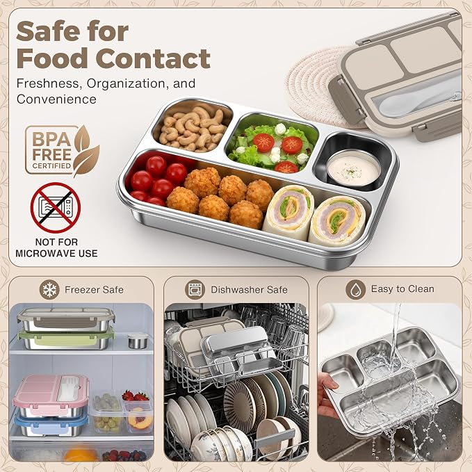 Stainless Steel Bento Box Adult Kids, Leakproof Metal Lunch Box Containers 4 Compartments, 32 Oz Reusable Food Storage Containers for Office and School, Brown