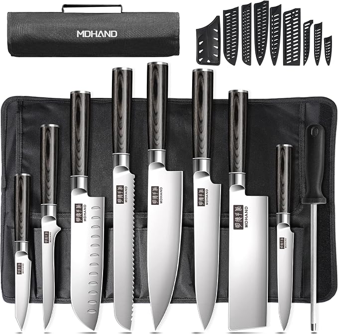 Chef Knife Set with Roll Bag, Ultra Sharp Japanese Kitchen Knife Set | High Carbon Stainless Steel 9PCS Kitchen Knives Set with Sharpener, Pakkawood Handle, Kitchen & Home Cooking, Dishwasher Safe