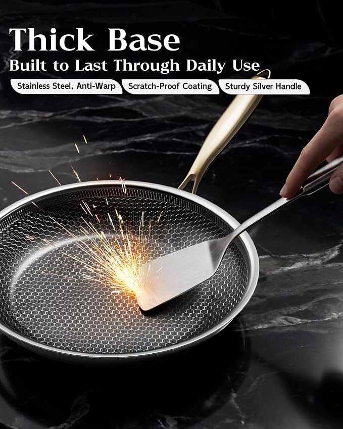 Nonstick Frying Pan Set with 3 Lids, 8+10+12 Inch, Honeycomb Stainless Steel Skillet Pans Set, PFOA-Free Scratch-Proof, Dishwasher & Oven Safe, Compatible with All Cooktops