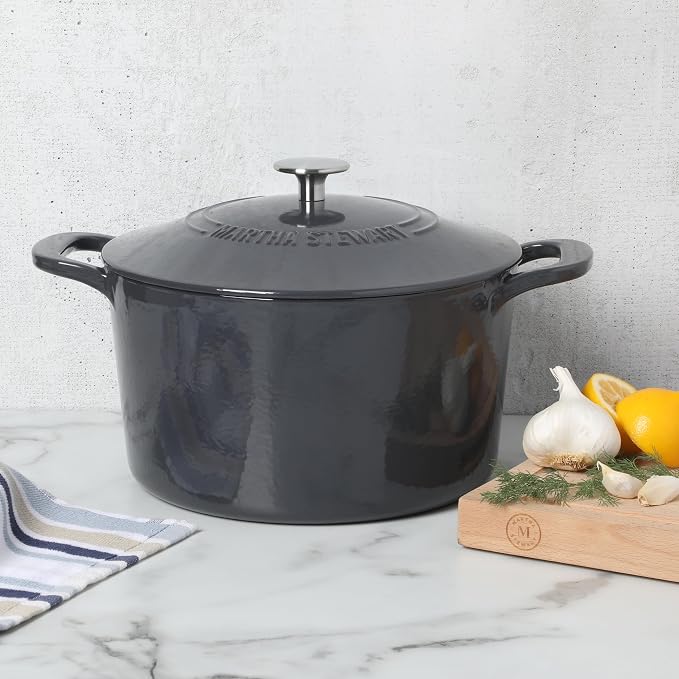 Martha Stewart Gatwick 7 QT Enamel Cast Iron Dutch Oven – Gray, Durable Heavy-Duty Dutch Oven for Slow Cooking, Braising, and Baking