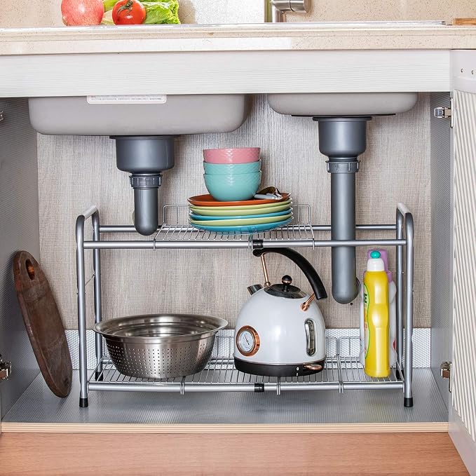 FlagShip 2 Tier Under Sink Organizers and Storage Rack Expandable Cabinet Shelf for Kitchen Bathroom Silver (17-25 inches)