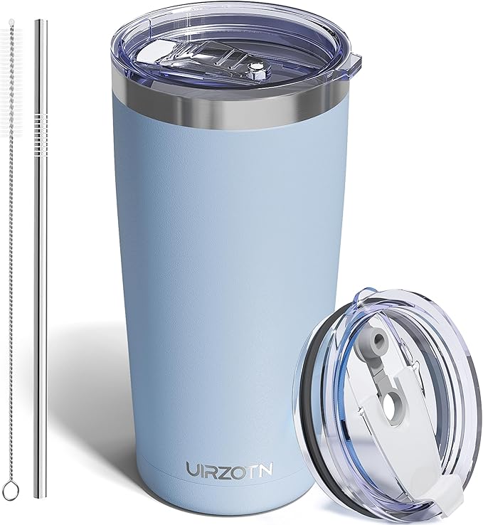 20oz Travel Coffee Tumbler with 2 Lids and Straw, Stainless Steel | Double Wall Vacuum Insulated Tumbler, Coffee Mug for Hot & Cold Drinks, Fits Most Car Cup Holders, Light