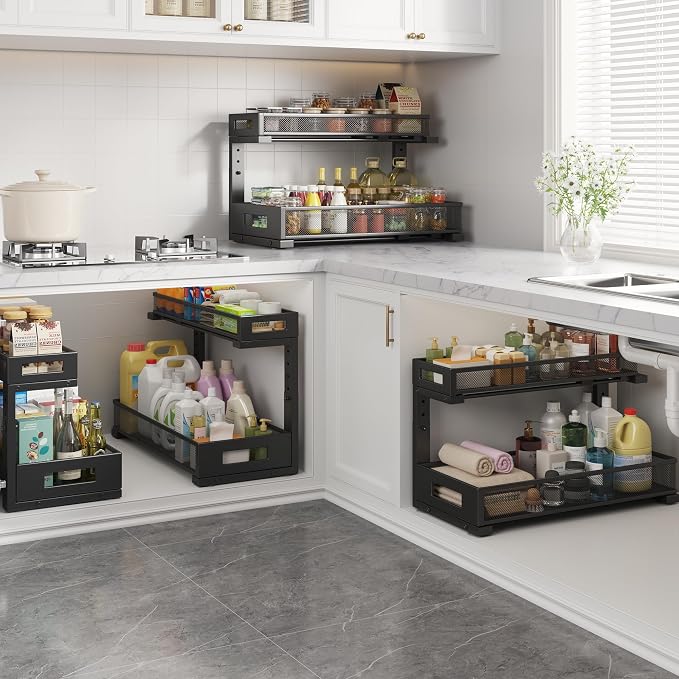 2 Pack 19IN Depth Under Sink Storage Organizer, Large 2-Tier Elegant Mesh Pull Out Shelf for Kitchen and Bathroom Cabinet Organization, L-Shaped and Adjustable Height Design-Black