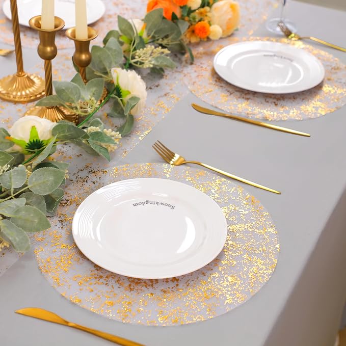 Snowkingdom Gold Placemats Set of 50, Golden Metallic Glitter Sheer Gauze Round 13 Inch Disposable Doilies Charger Place Mats, Dinning Table Mats for Party Wedding Birthday Christmas Holiday